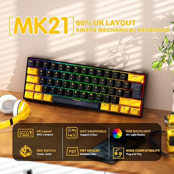 UrChoiceLtd MK21 Gaming Keyboard, 60% Percent Wired Mechanical Keyboard, 61 Keys Compact UK Layout, Hot Swappable, RGB Backlit, Anti-ghosting, Red Switch, for PC/MAC/Gamer/Office/Typist - Star Black