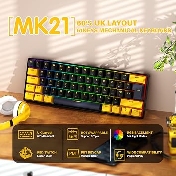 UrChoiceLtd MK21 Gaming Keyboard, 60% Percent Wired Mechanical Keyboard, 61 Keys Compact UK Layout, Hot Swappable, RGB Backlit, Anti-ghosting, Red Switch, for PC/MAC/Gamer/Office/Typist - Star Black