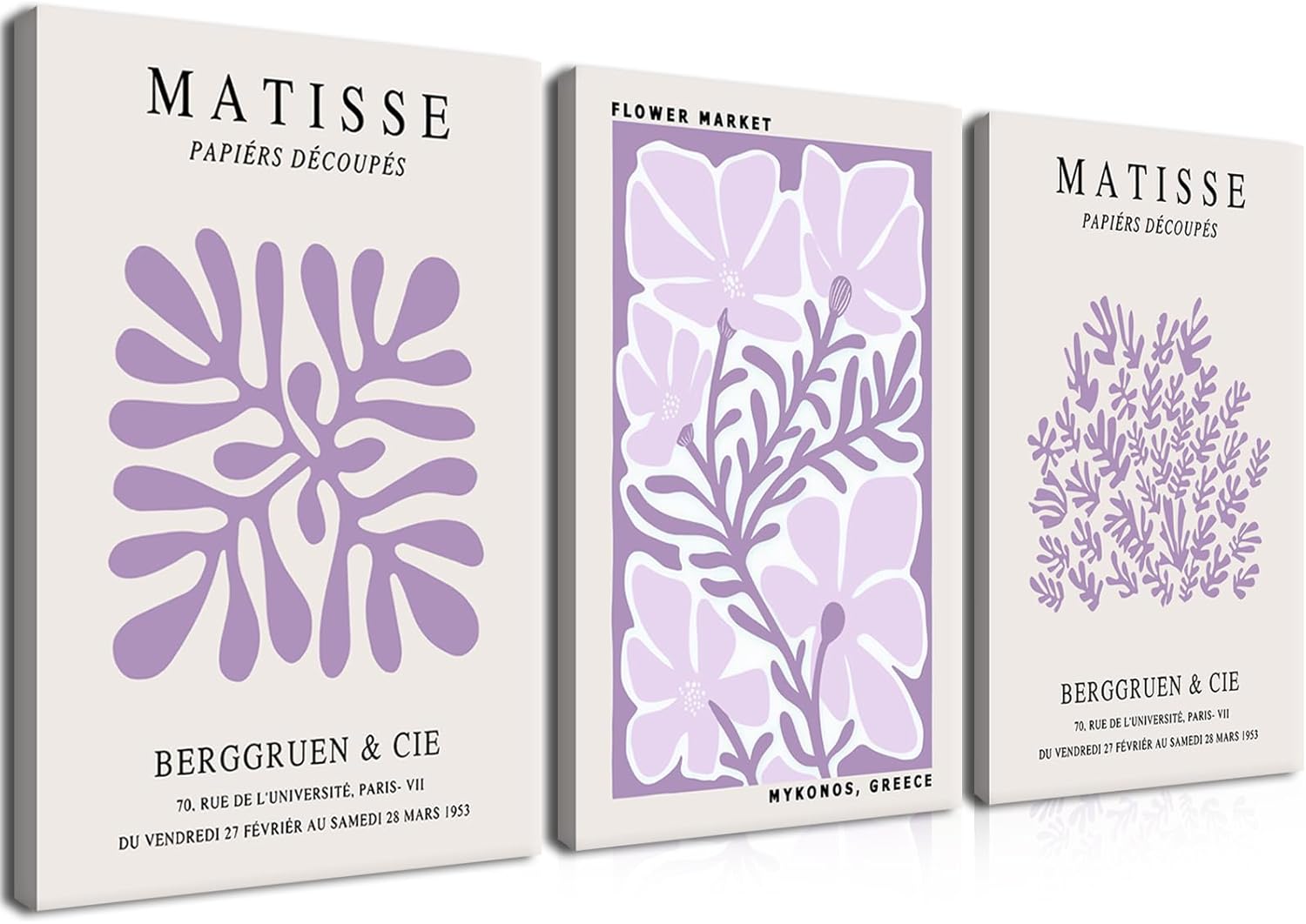 Framed Purple Matisse Wall Art Set of 3, Abstract Henri Matisse Canvas Wall Decor Paintings, Light Purple Flower Market Room Aesthetic Posters Prints for Living Room Bedroom Bathroom 16x24 In Purple Matisse Canvas 16''x 24'' x 3 Pieces