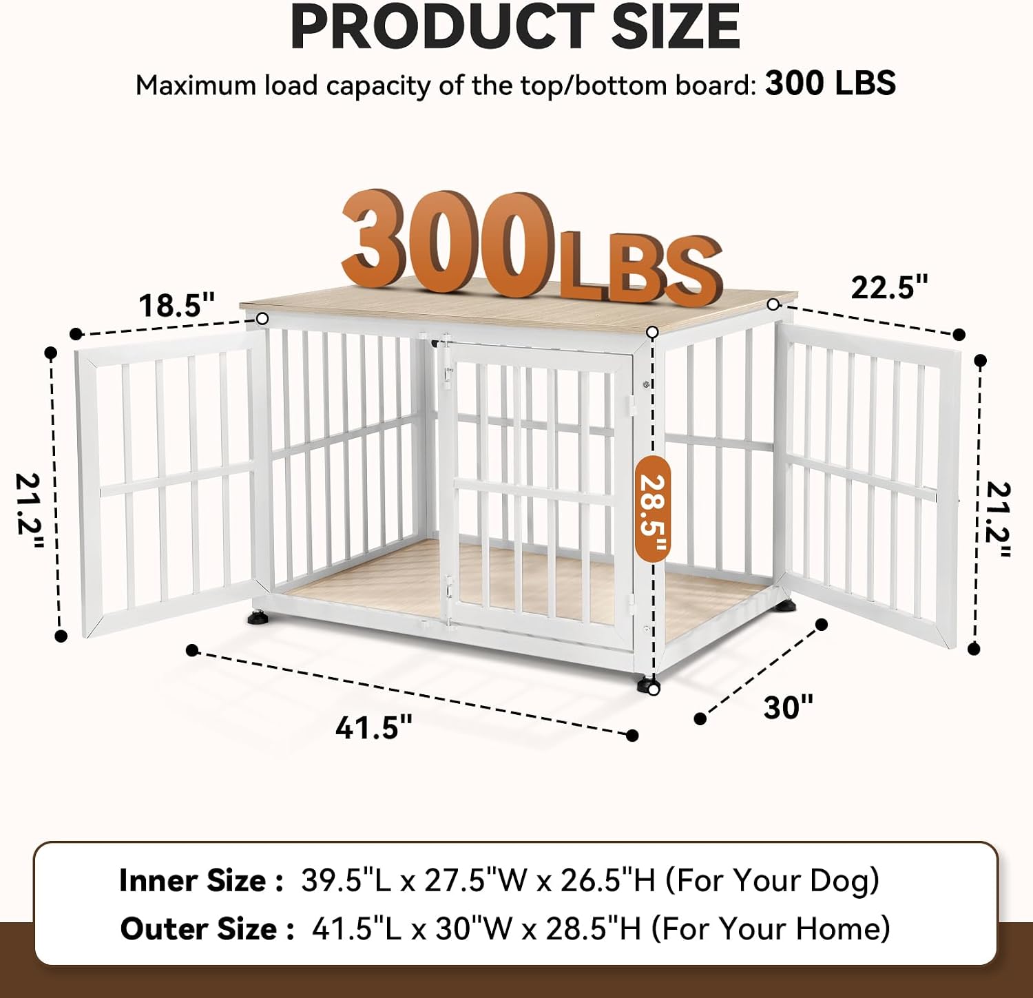 Oranland 42 Inch Heavy Duty Dog Crate Furniture,Dog Kennel Furniture Indoor for Large and Medium Dogs,Decorative Pet House End Table, 0.8 Inch Steel Tubes Wooden Cage/Max Load Capacity 300lbs/White