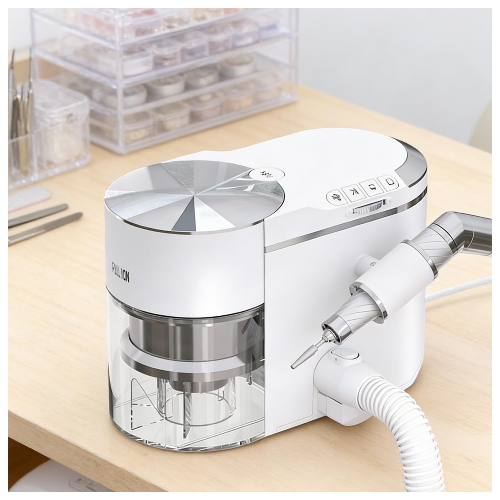Pulidor eléctrico para uñas 200W con Aspirador Incorporado, 2 en 1 Taladro y Aspirador, 30000 RPM, Control de 4 Botones, Ultrasilencioso ≤68dB para Espacio de Trabajo Libre de Polvo