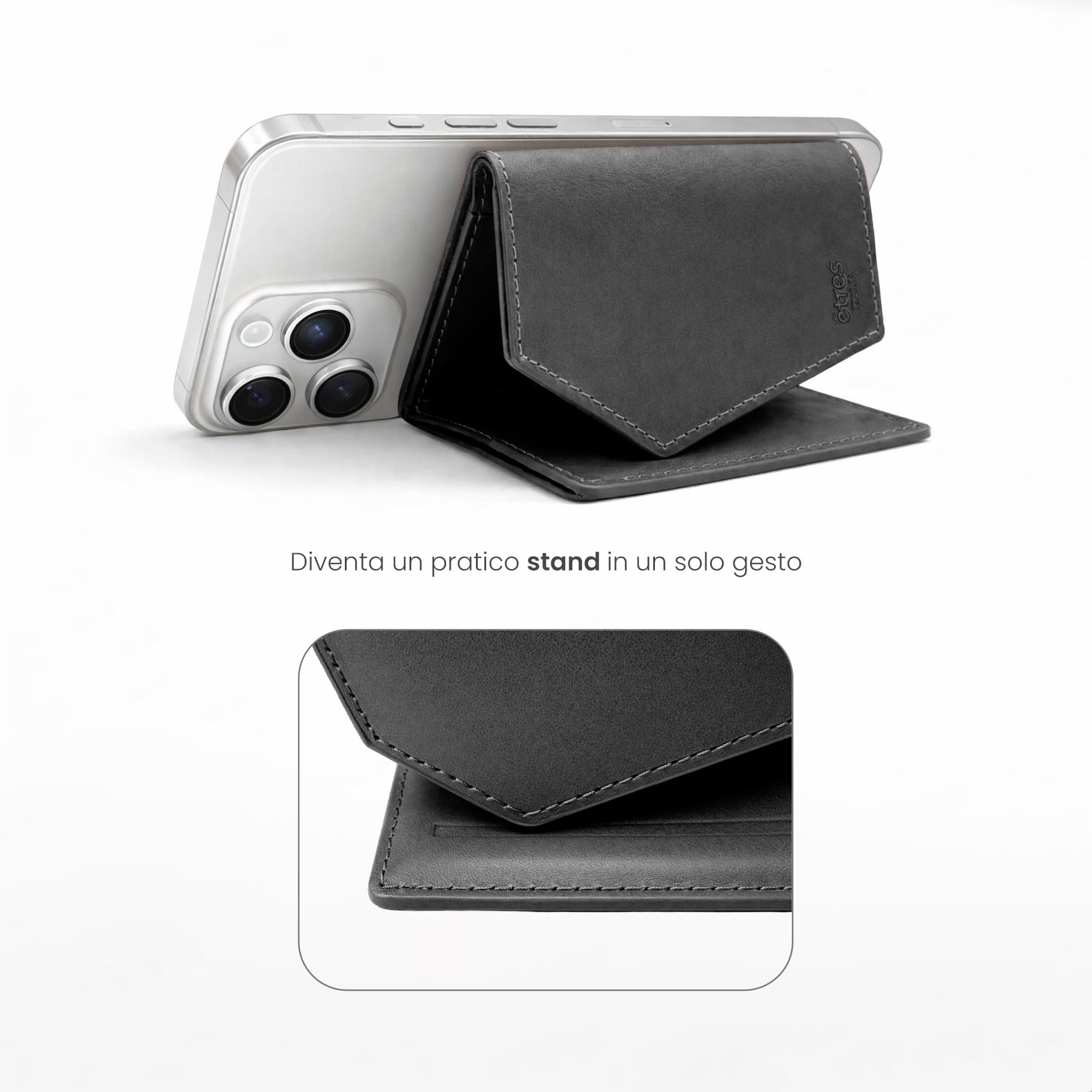 Etres Portafoglio Magnetico in Pelle Italiana - Modello Roma - Fino a 6 Carte + Tasca Banconote - Compatibilità MagSafe, Protezione RFID, Anello Magnetico Incluso (CLASSICO, NERO)