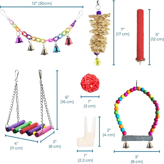 SunGrow Parrot Swing and Perch Bundle, Keep Birds from Hatching Plans for World Domination with Joyful Colorful Items for Love Birds, Conures, Cockatiels, Finches, Parakeets, 12 Pieces