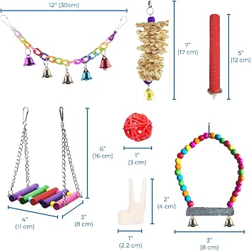 SunGrow Parrot Swing and Perch Bundle, Keep Birds from Hatching Plans for World Domination with Joyful Colorful Items for Love Birds, Conures, Cockatiels, Finches, Parakeets, 12 Pieces