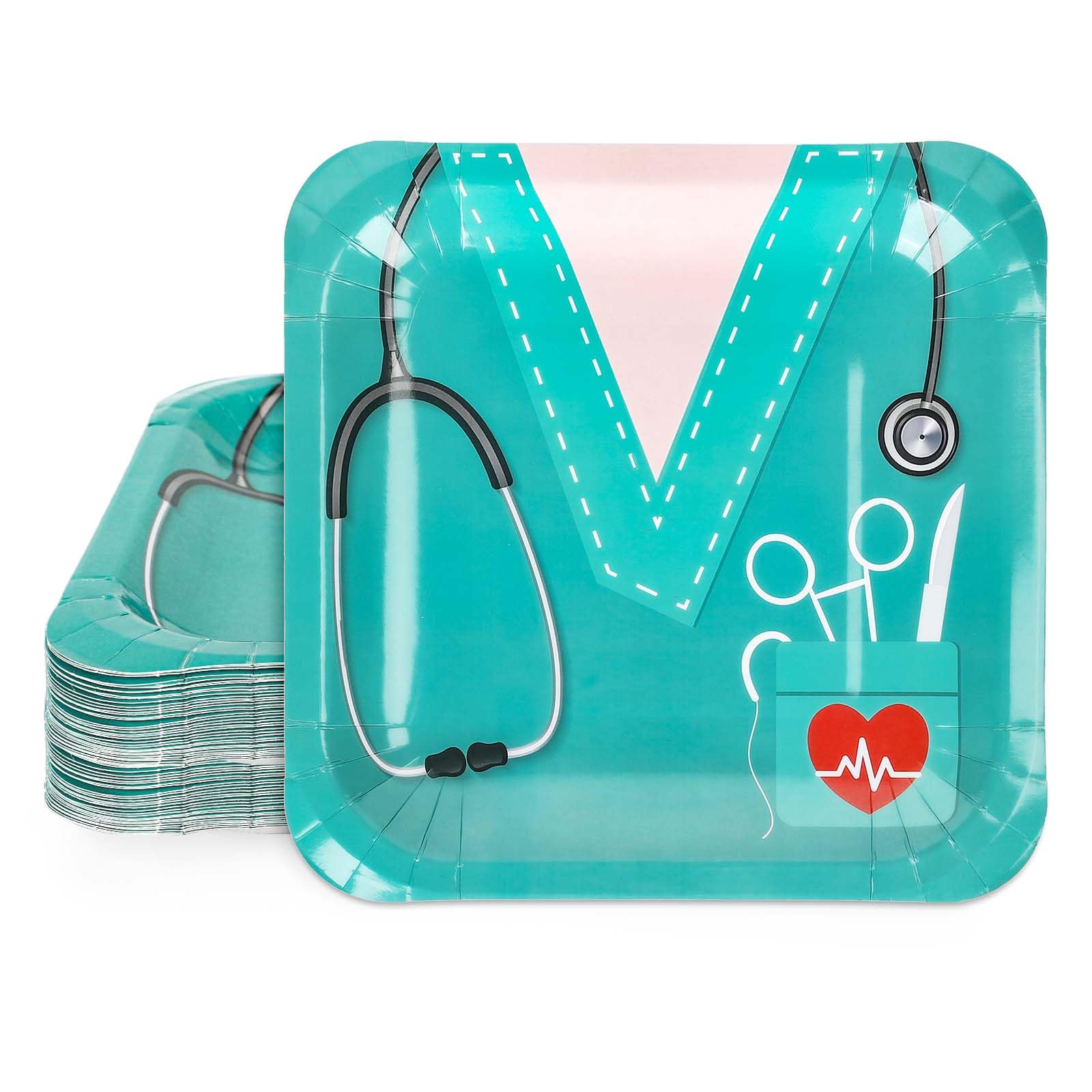 Assiettes carrées papier stéthoscope pour décorer une table de diplômés