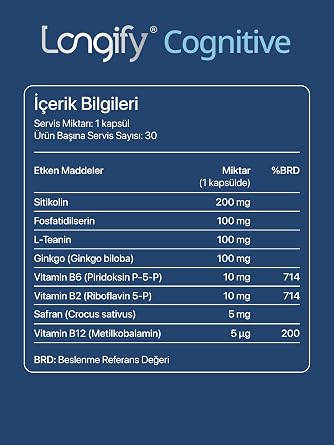 Cognitive Sitikolin, Fosfatidilserin, Safran, Ginkgo Biloba, L-Teanin, B2, B6 ve B12 Takviye Edici Gıda 30 Kapsül