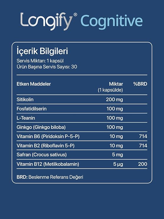 Cognitive Sitikolin, Fosfatidilserin, Safran, Ginkgo Biloba, L-Teanin, B2, B6 ve B12 Takviye Edici Gıda 30 Kapsül