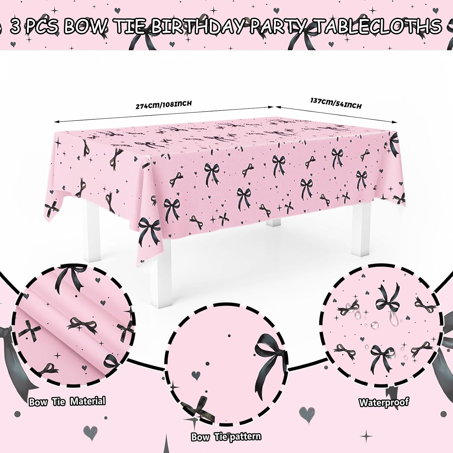 AIBIIN 3Pcs Coquette Birthday Tablecloth Pink and Black Bow Table Decor Girls Birthday Disposable Decorations Bow Party Supplies for Girls Baby Shower,Bridal Shower,Bachelorette Party