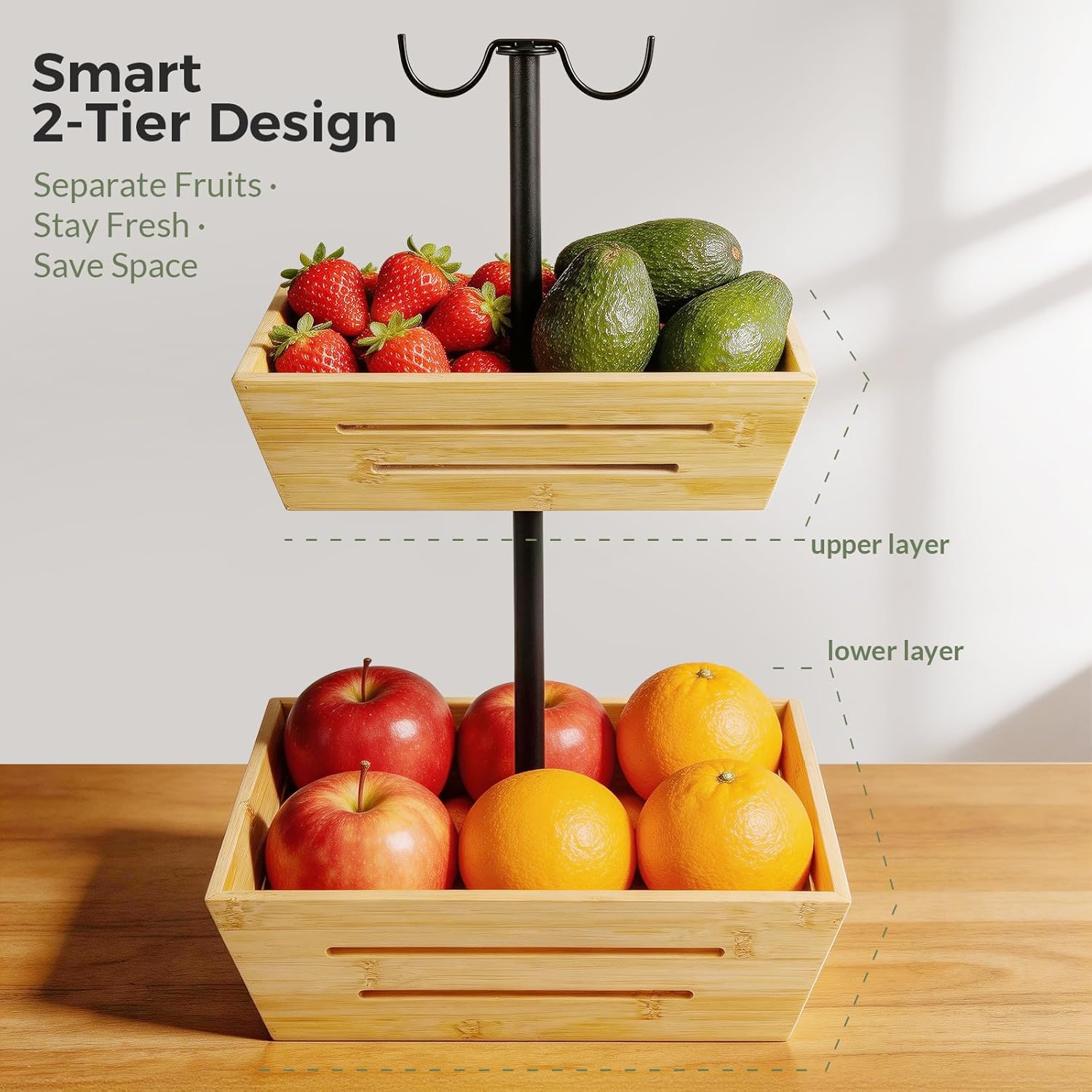 G.a HOMEFAVOR Bamboo Fruit Basket: 2-Tier Vegetable Storage with Banana Holder, Kitchen Countertop Organizer for Bread Snack, Large Size