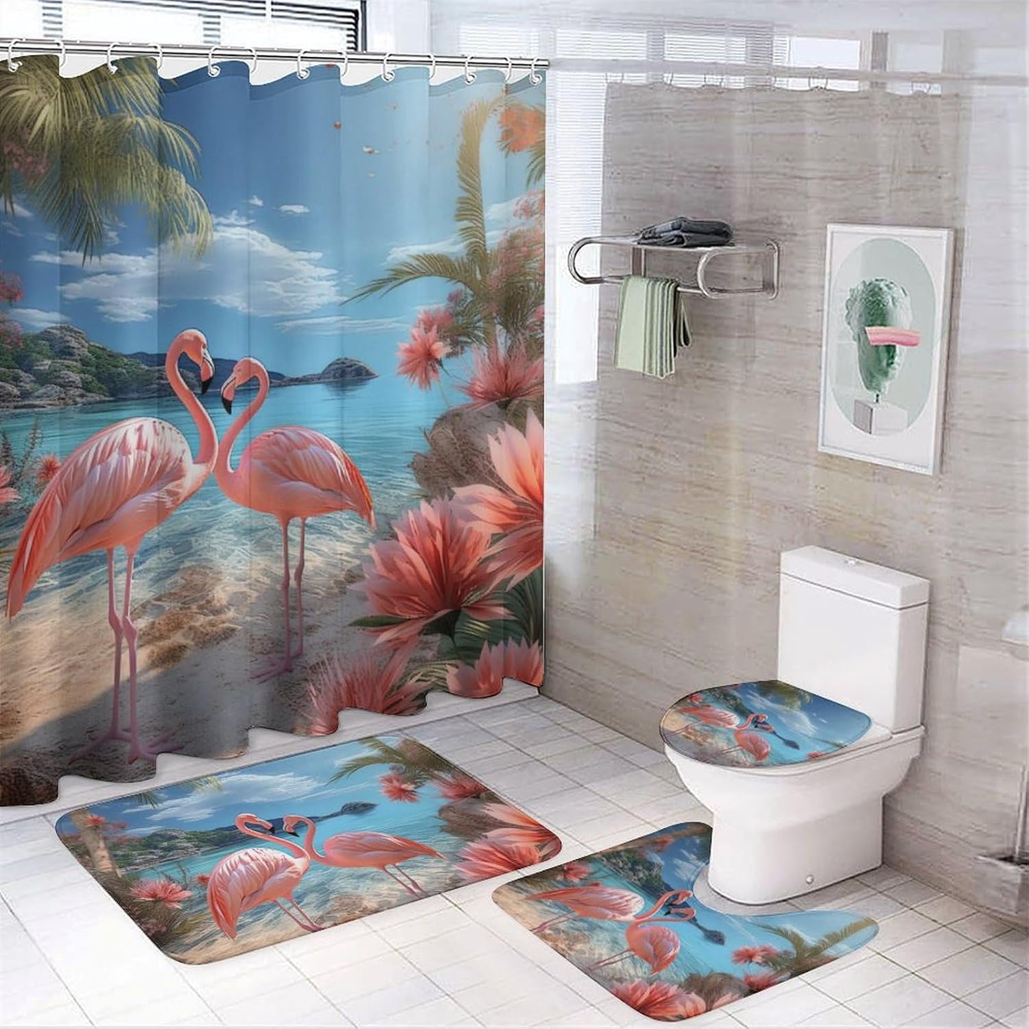 4Pcs Fantasy Flamingo Shower Curtain Set with Rugs, Toilet Lid Cover and Bath Mat, Tropical Ocean Seaside Beach Flower Plants Bathroom Curtains Decor Shower Curtains, 72" x 72"