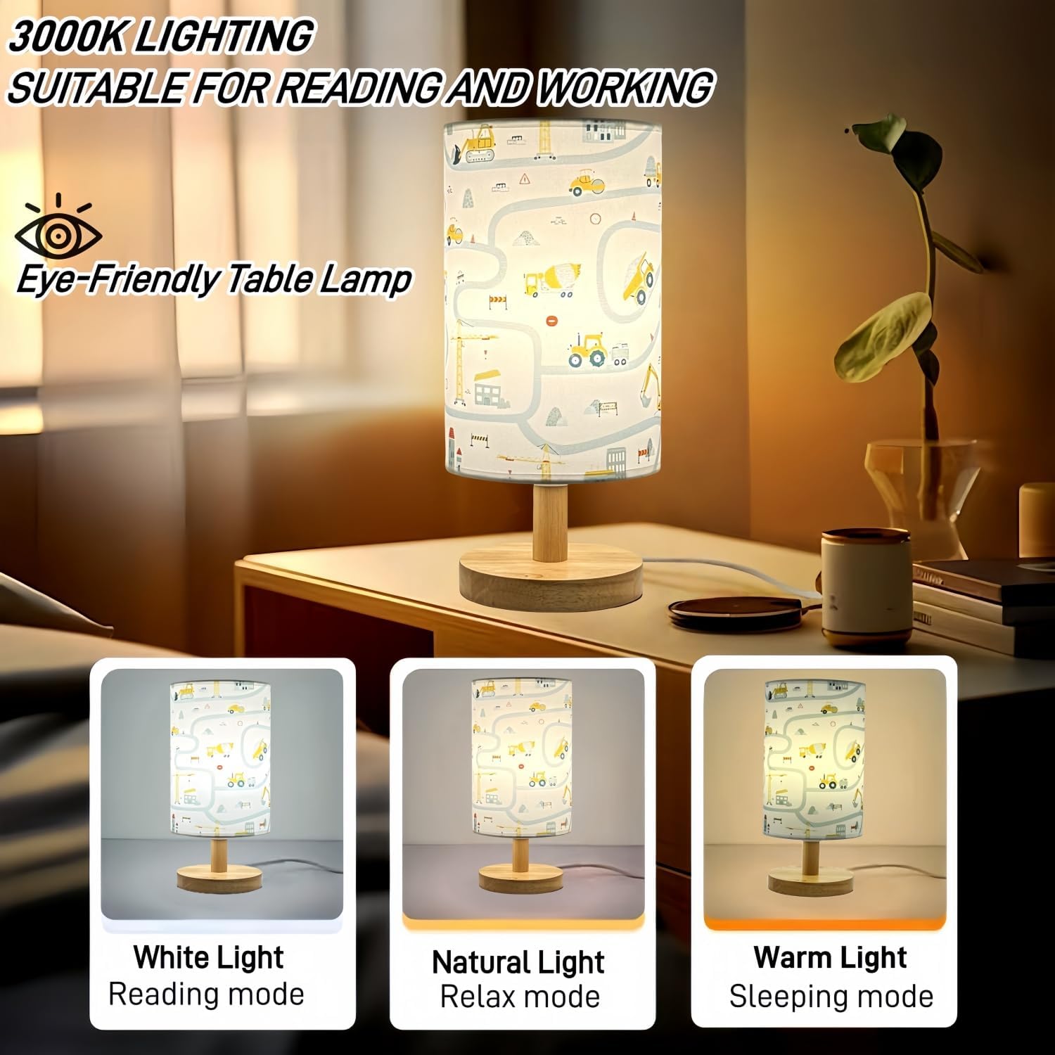 Kids Desk Lamp for Bedroom Boy,Reading Car Lamp,3-Way Dimmable with Cartoon Pattern Printed Shade and Wood Base,for Kids Room,Nursery or Living Room Decor,Car Gift for Christmas Boys