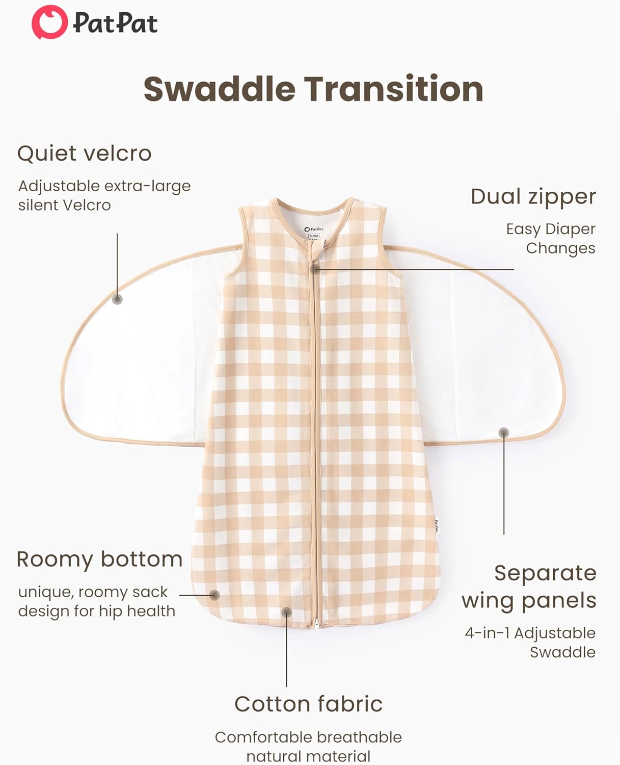 PATPAT Cotton Swaddle for Newborns, Soft Baby Wearable Blanket, Quiet Hook & Loop Closure, Easy Transition Design, 2-Way Zipper for Easy Diaper Changes, 0.5 TOG, Beige Gingham, 3-6 Months