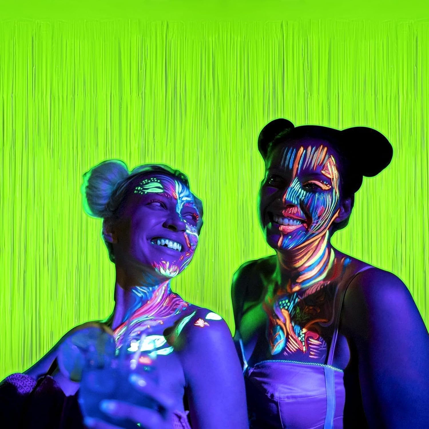 Mega-L Glow in The Dark Party Supplies, Neon Party Decorations, 2 Pack 6.6x6.6 ft Fluorescent Green Foil Fringe Curtains, Glow Photo Backdrop for Birthday, Pool Party, Music Festival, Nightclub