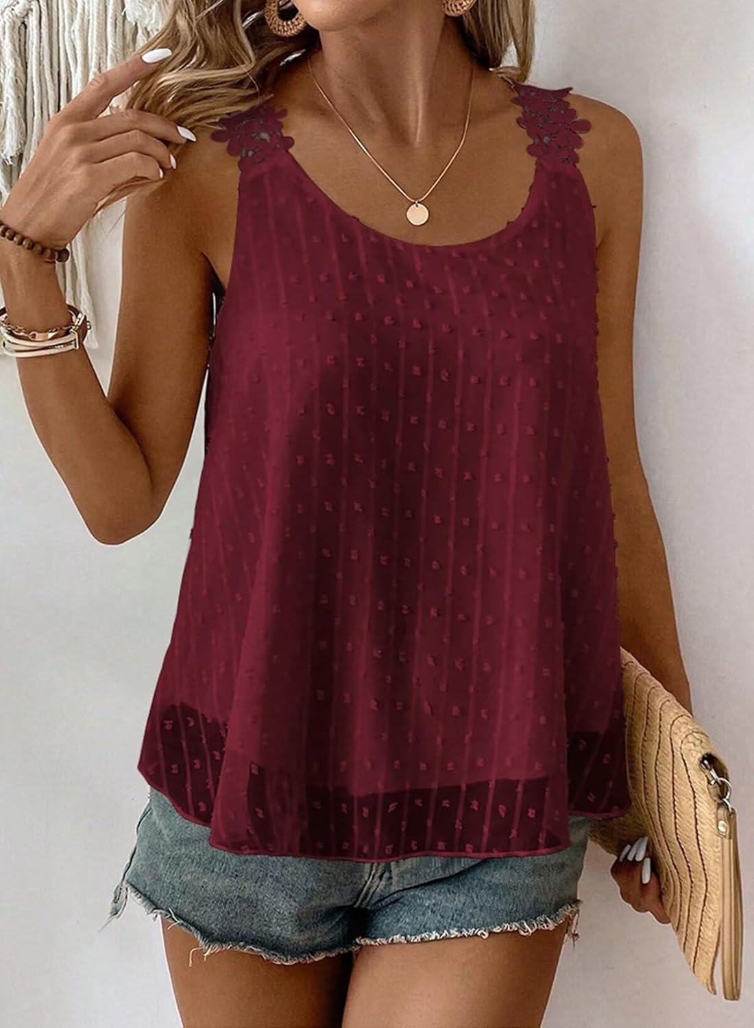 Womens Tank Tops Flowy Sleeveless Summer Boho Tank Top for Women Casual Crewneck Strap Lace Camisole Shirts - Image 4