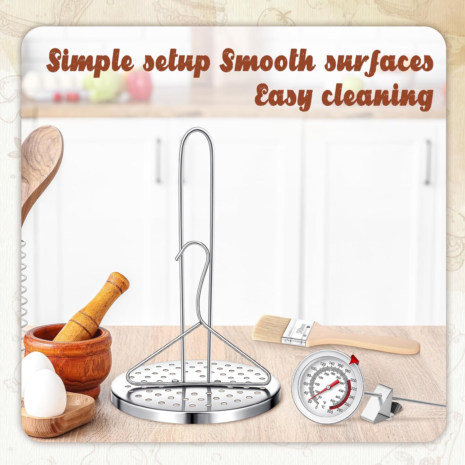 Suclain 3 Pcs Turkey Fryer Stand Kit Thanksgiving Turkey Rack Accessories Set Stainless Steel Outdoor Chicken Vertical Fryer Rack with Thermometer, Sauce Brush, for Deep Fry Pot Grill BBQ