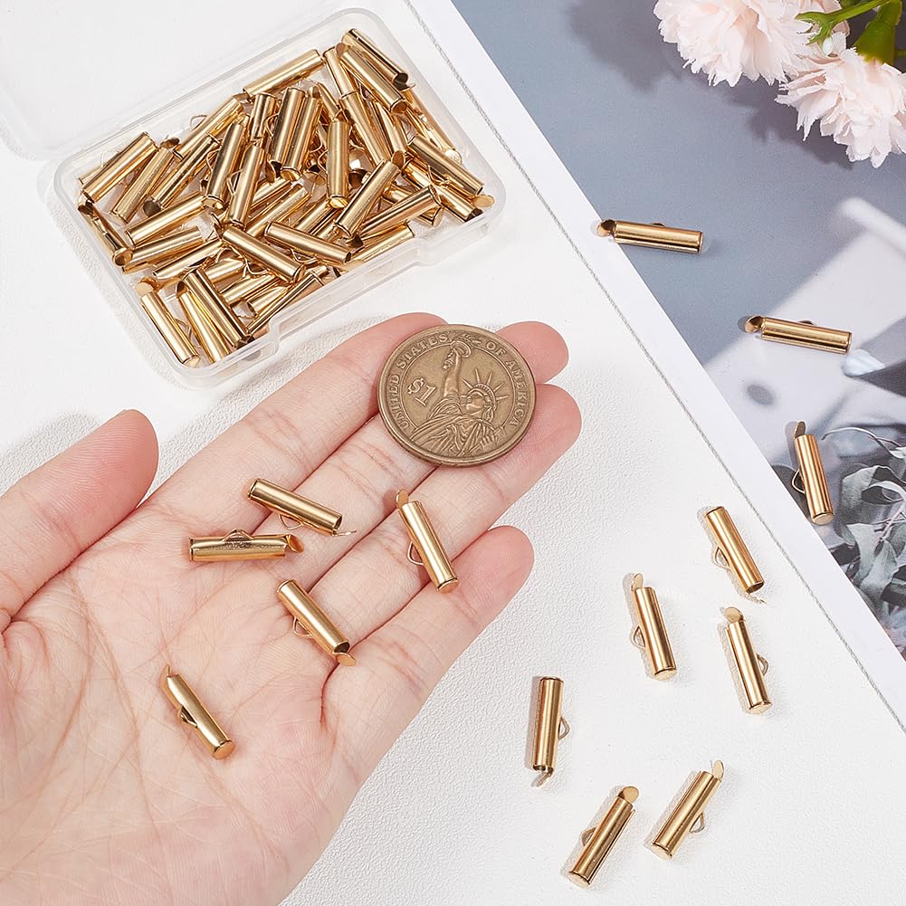 UNICRAFTALE 60Pcs Slide on End Clasps 16mm Stainless Steel Tube Ball Bead Slider Caps Crimp Ends Golden Slider Tubes for Multi-Strand Earring Bracelet Jewelry Making