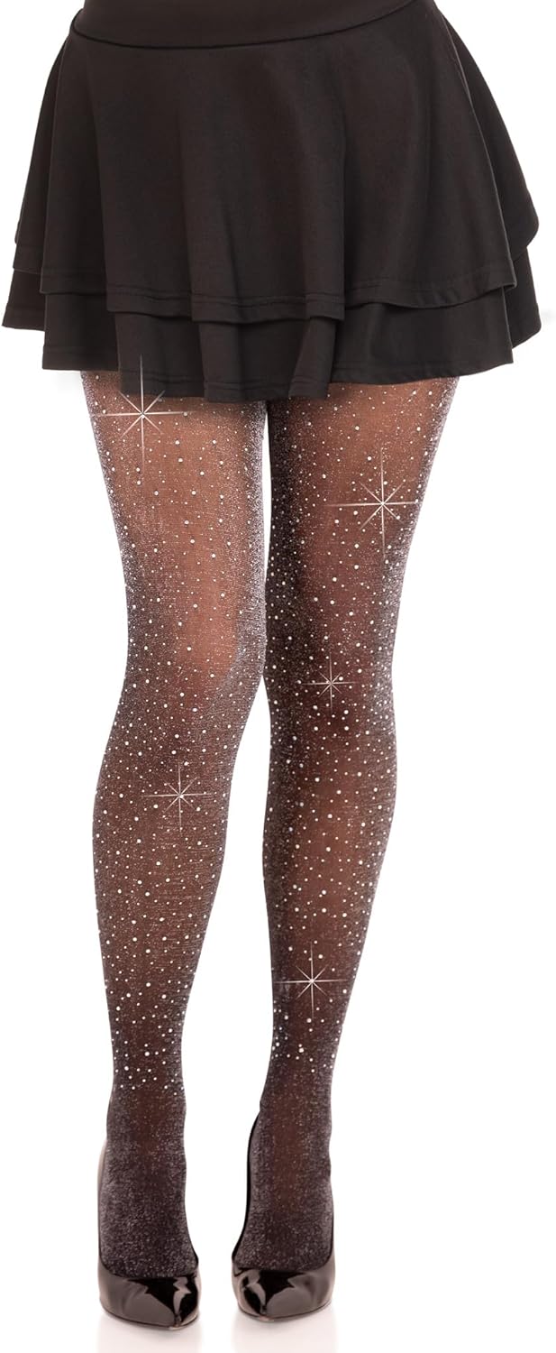Leg Avenue Women's Loralie Spandex Lurex Rhinestone Tights for Women, BLK/SILVER, One Size