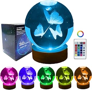 Gutsyluv Luz nocturna de bola de cristal 3D con base de madera LED de 16 colores con control remoto, luz nocturna de bola de cristal K9 de 3.15 pulgadas, lámpara holográfica de grabado láser 3D