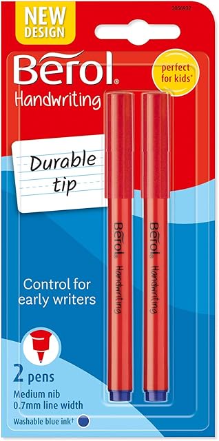 Berol Handwriting Pens | Round Shape | Washable Blue Ink | Bright Barrels | 2 Count