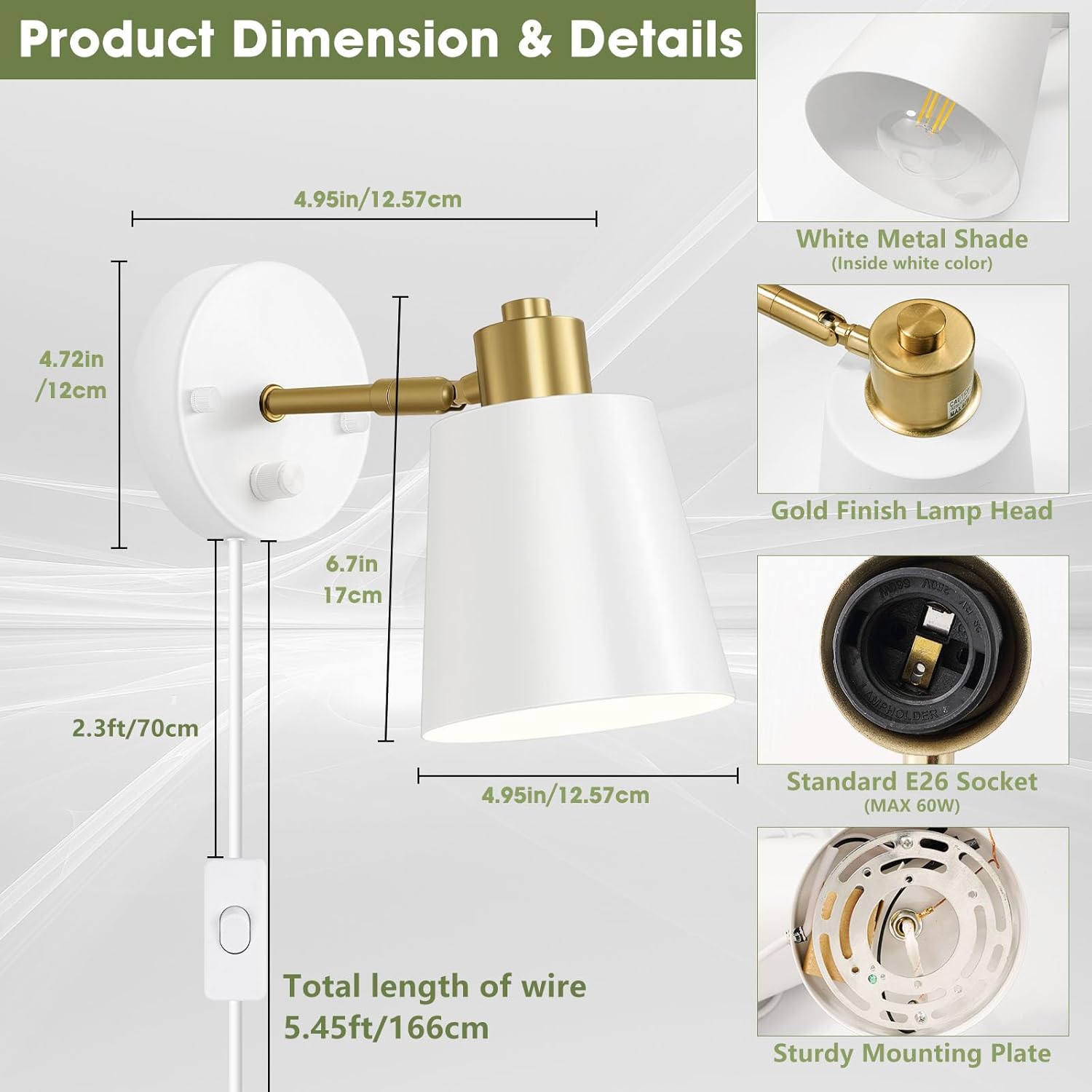 Lomoky Dimmable Wall Sconces Set of 2, Adjustable Angle Wall Lights with Plug in Cord and Dimmer On/Off Knob Switch, Hardwired Indoor White Wall Lamp for Bedside Bedroom Bathroom (2 Bulbs Included)
