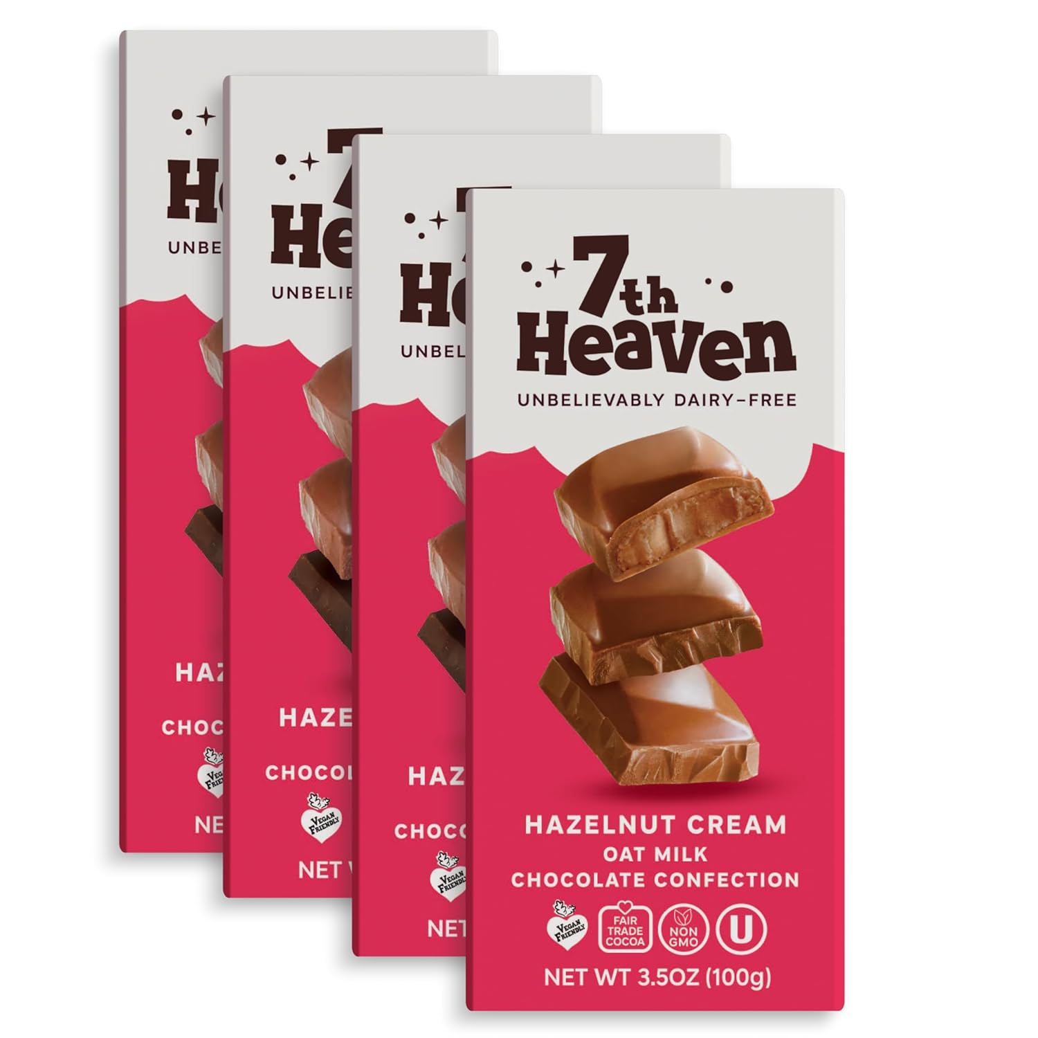 7th Heaven, Vegan Oat Milk Chocolate Bars: Hazelnut Cream - (3.5 oz - 4 Pack), Healthy Chocolate, Perfect Valentines Gift For Your Loved Ones, 100% Dairy Free, Non GMO, Kosher Parve, Cruelty Free, Fair Trade Cocoa