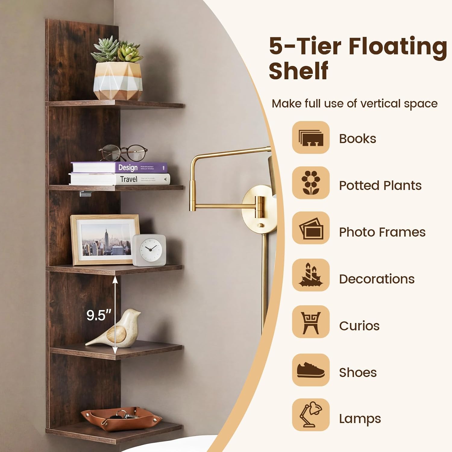GOFLAME 5-Tier Wall Shelf, Wooden Display Floating Shelves, Wall Mounted Bookshelf Shelving Unit, Modern Storage Organizer Vanity Shelves for Living Room, Bedroom, Home Office (1,Rustic Brown)