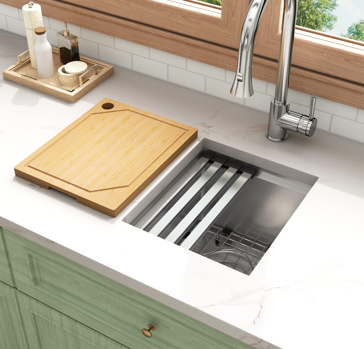 LQS 13 Inch Undermount Bar Sink, Stainless Steel RV Kitchen Sink, 10" Depth Small RV Kitchen Sink, 16 Gauage Stainless Steel Material, Workstation Ledge With Cutting Board and Abundant Accessories