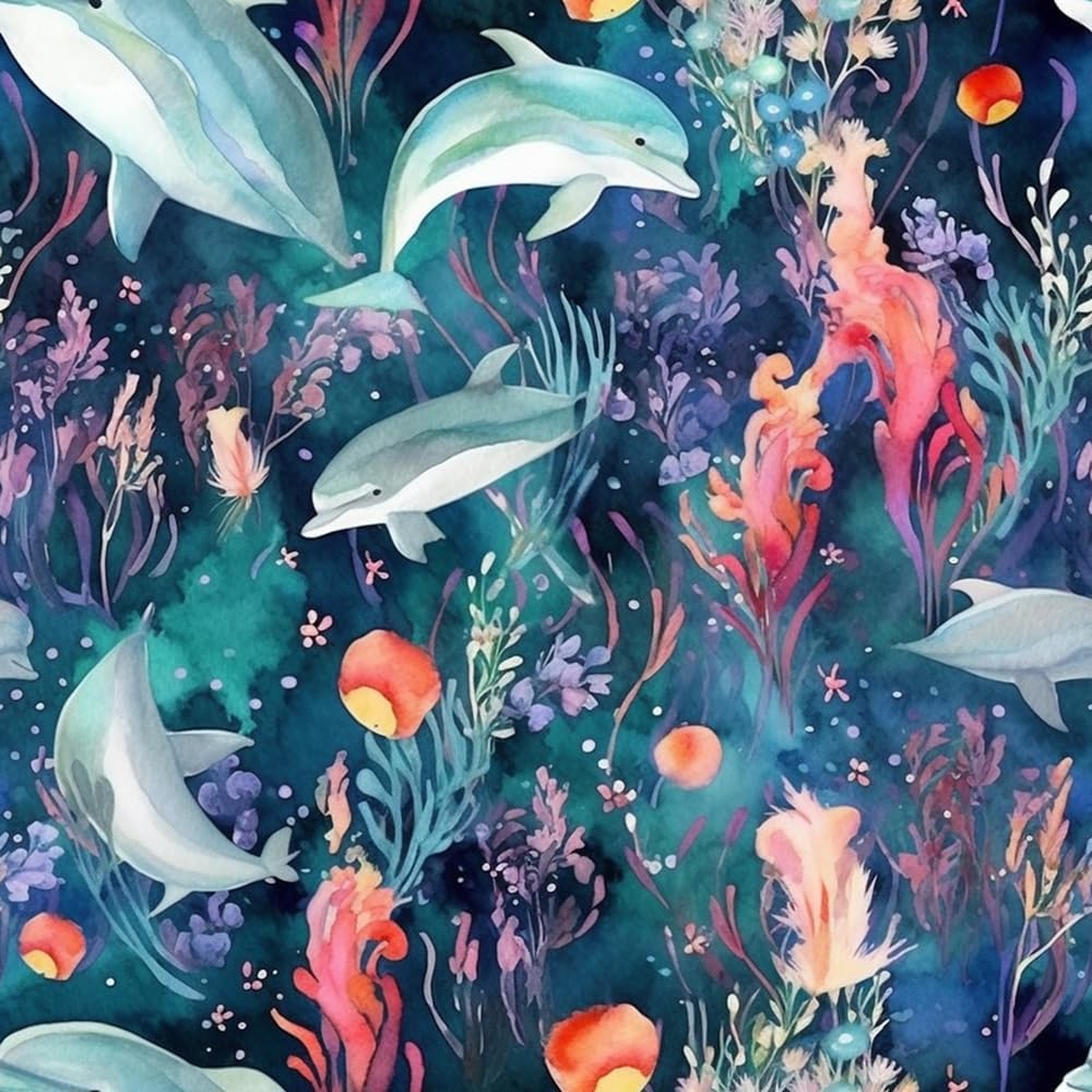 18"x236" Watercolor Under The sea Dolphin Seaweed Coral Peel and Stick Self Adhesive Wallpaper Removable Stick on Easy Peel Off Wall Paper for Kitchen Bedroom Bathroom Renter