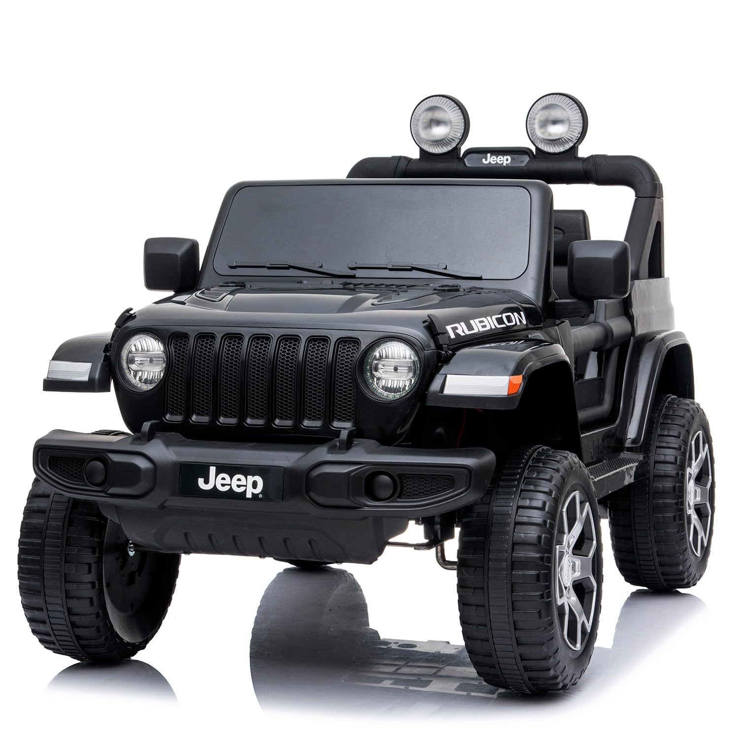 Auto Elettrica Bambini Jeep Wrangler Rubicon 12V 2 Posti con Licenza Ufficiale Ruote in Gomma EVA Sedile in Pelle Telecomando 2.4GHz Luci LED Bluetooth MP3 USB Porte Apribili Full Optional (Nero)