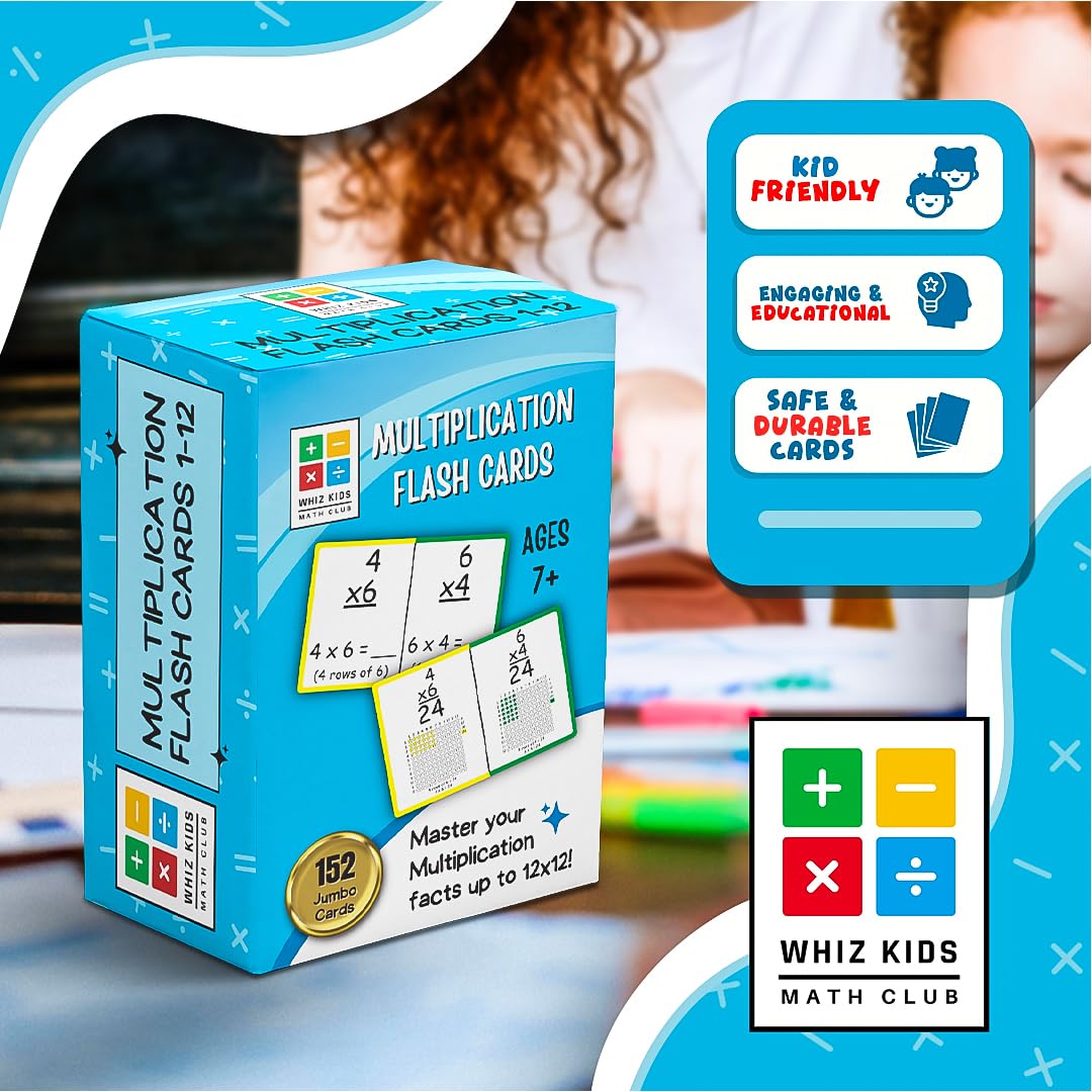 Tarjetas de multiplicación – Tarjetas flash coloridas jumbo de 6 x 4 pulgadas con imágenes visuales y propiedades de multiplicación – Herramienta educativa de matemáticas para que