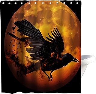Raven Shower Curtain Crow Full Moon Theme Fabric Sets Bathroom Halloween Gothic Decor with Hooks Waterproof Washable Gold and Yellow 72Wx72H Inches Black
