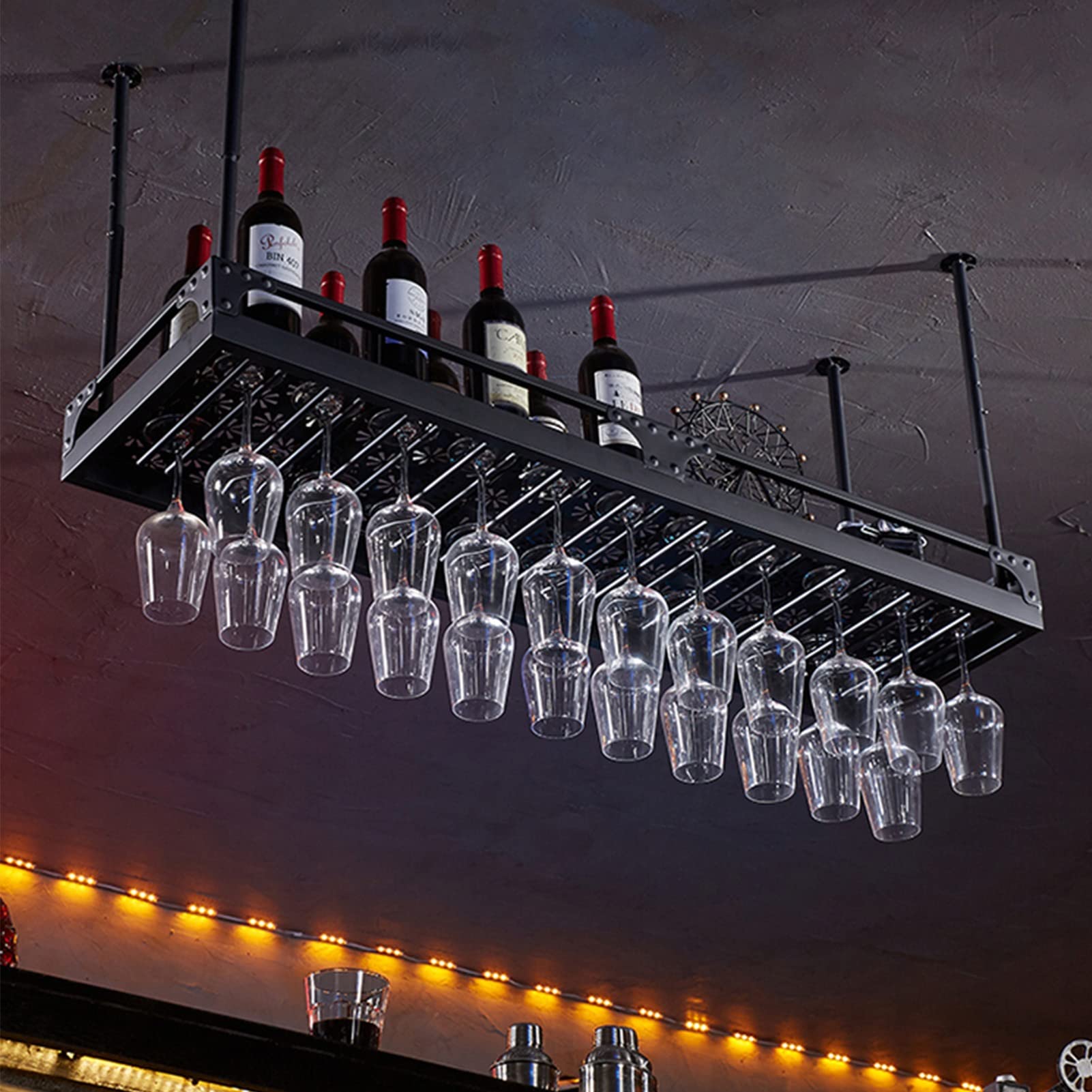 Porte-bouteille de vin suspendu ULAINE, structure métallique premium noire
