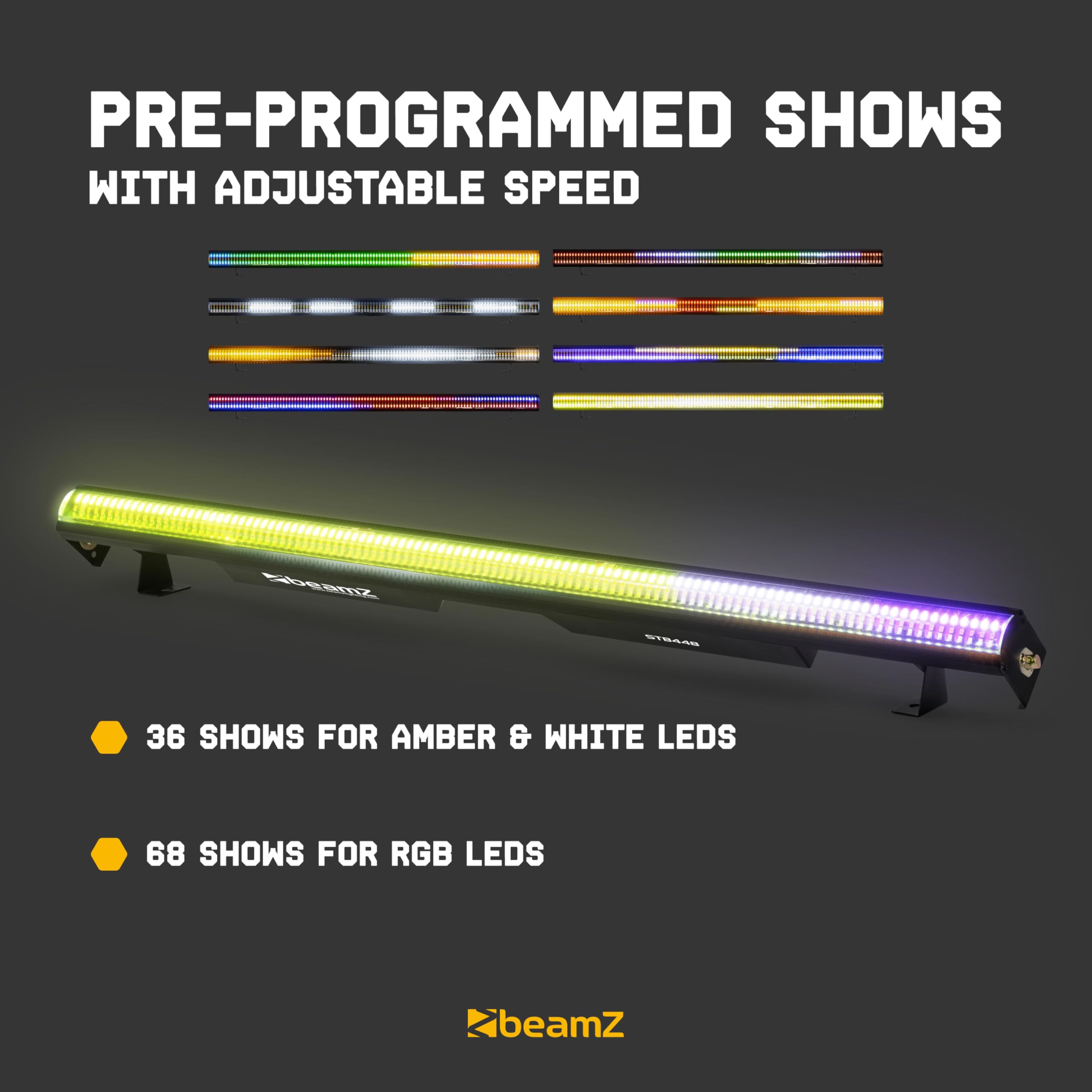 BeamZ STB448 - DMX LED Bar RGBWA mit Strobe, 64 DMX-Segmente, Lichtorgel Musikgesteuert, PowerCon Daisy Chain, 224 RGB LEDs, 112 Weiß/Amber, Partybar Bühnenlicht Lichtorgel DJ Lichttechnik