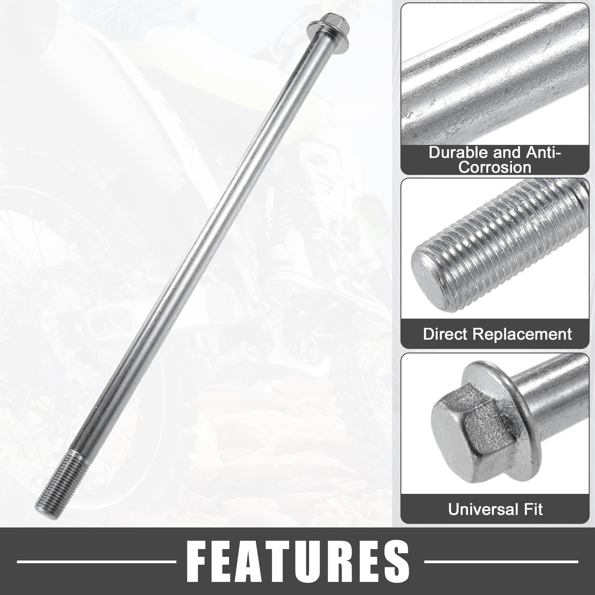 A ABSOPRO Asse anteriore posteriore con boccola e bullone a vite M12 260mm per moto da cross, scooter, ATV, asse ruota in lega d'acciaio tonalità argento