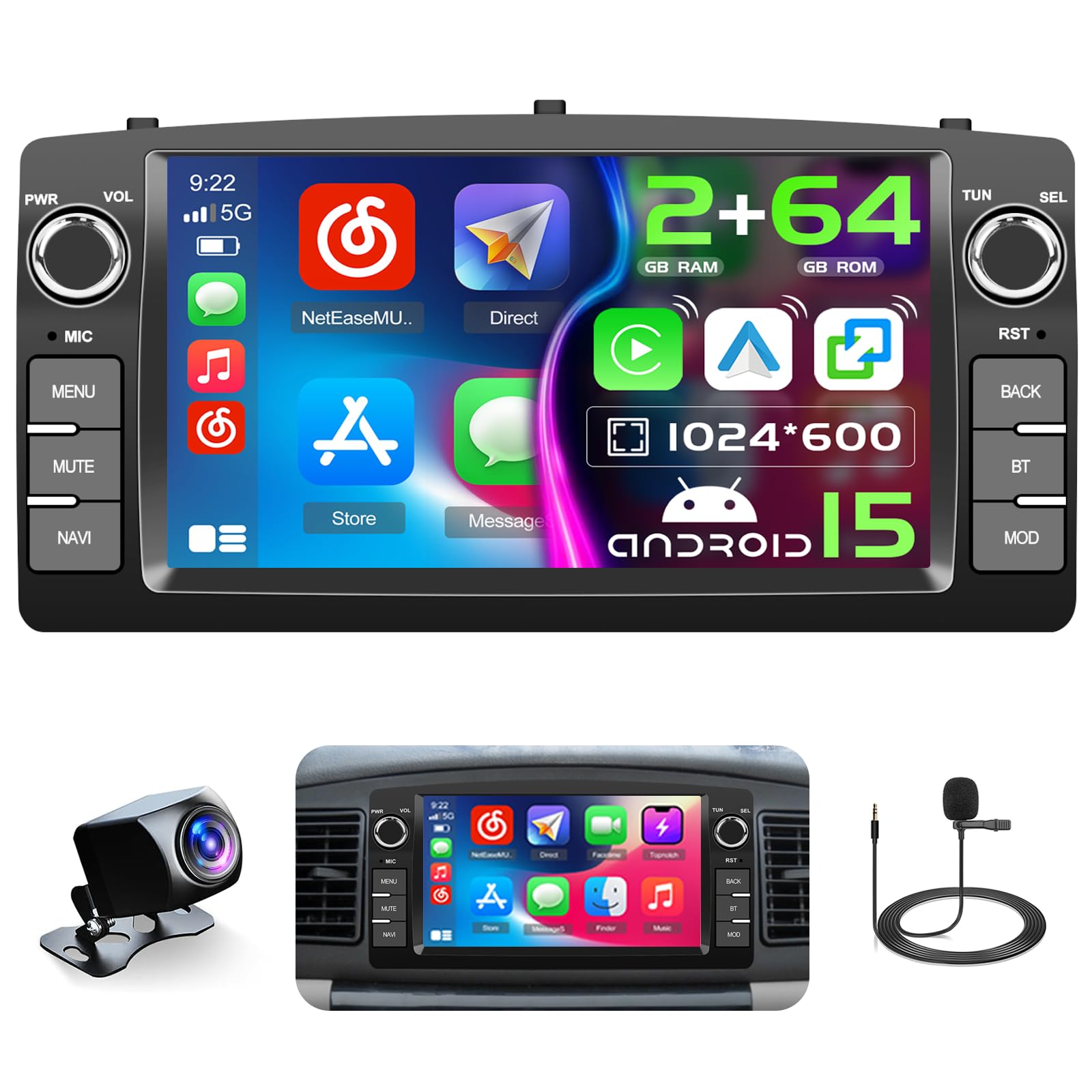 Hikity 2G+64G Android 15 Autoradio 7" pour Toyota Corolla CarPlay