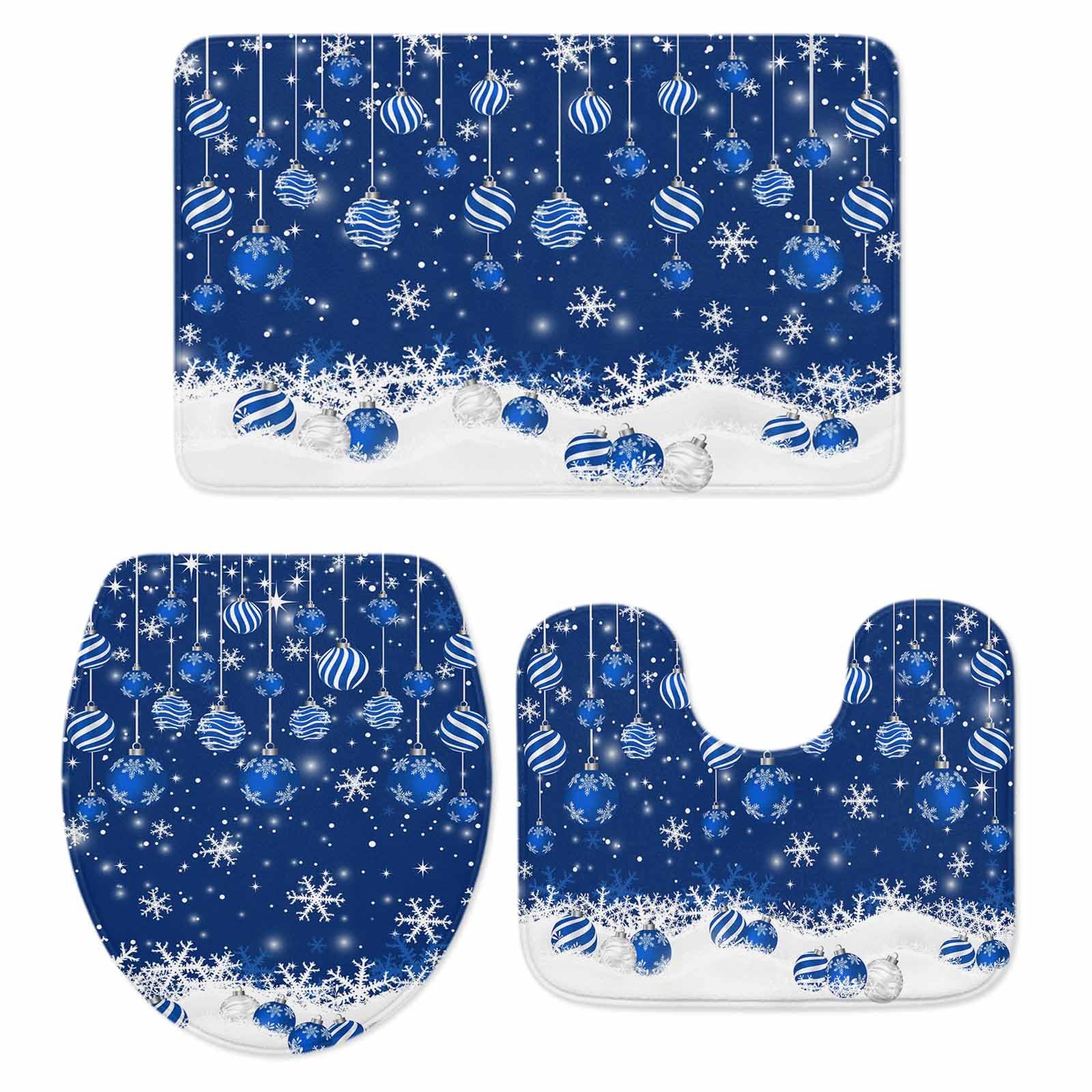 Blue Christmas Balls Bathroom Rug Set - 3 Piece Non Slip U Shape Snowflake Contour Toilet Rug for Large Bathroom Floor Decor
