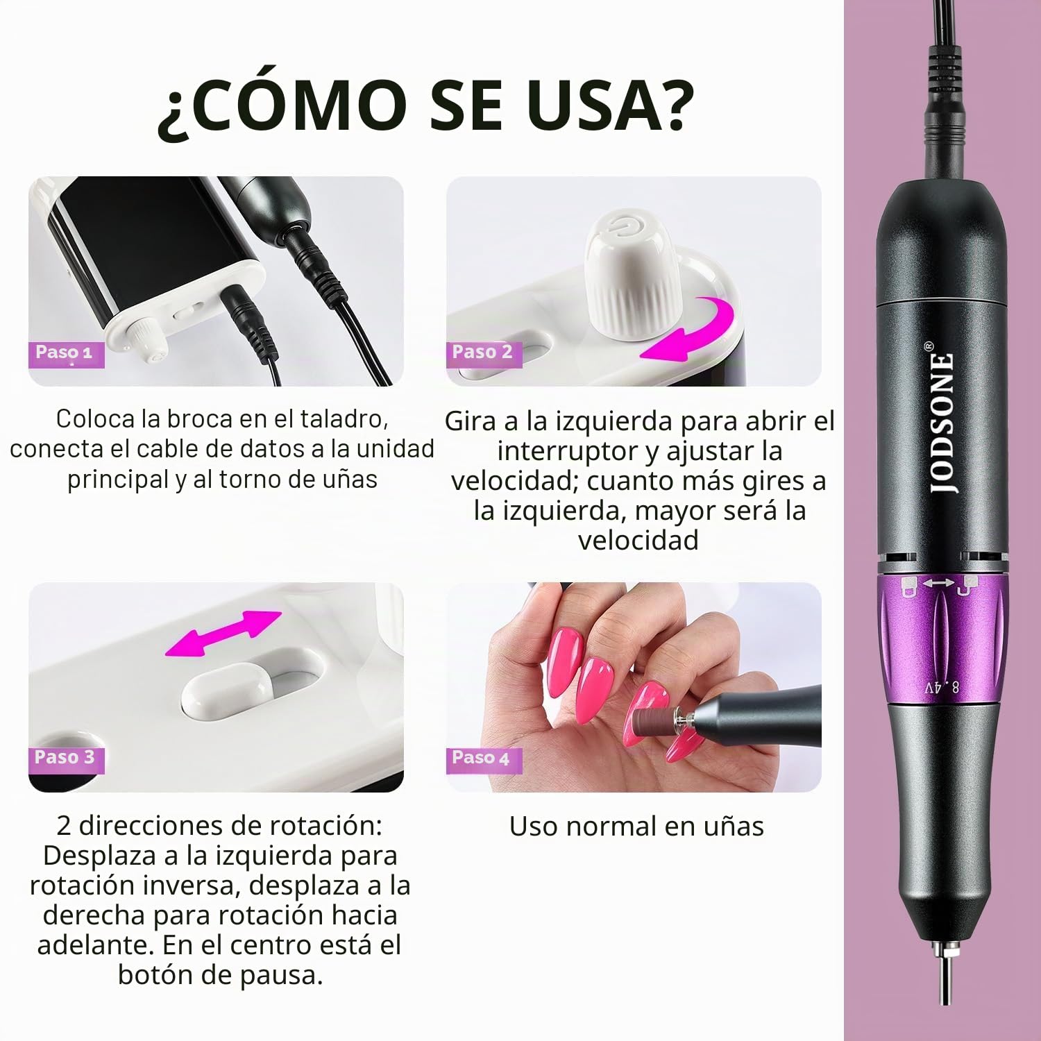 JODSONE Taladro de uñas profesional, 45000 rpm, lima de uñas recargable para la eliminación de gel de uñas, silencioso, portátil para uso en casa y salón
