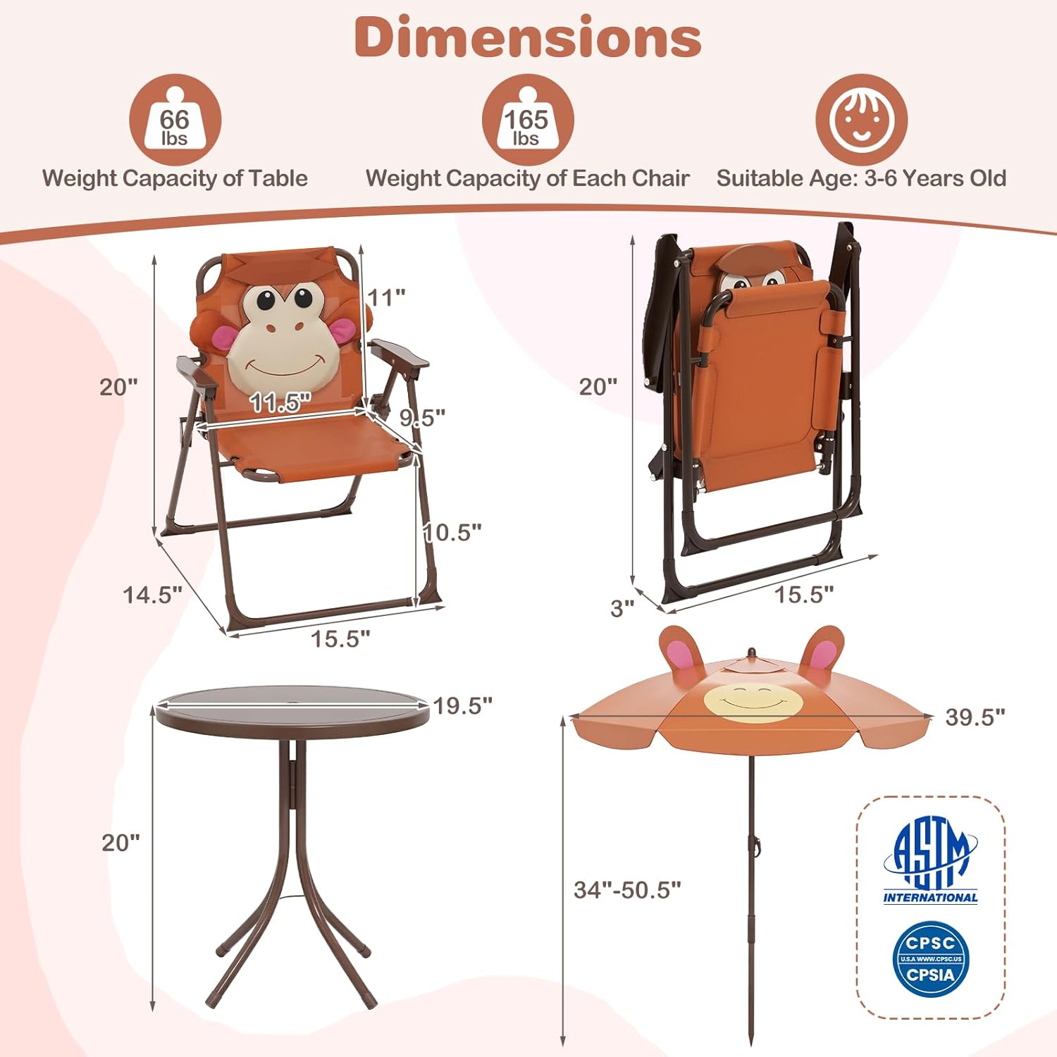 Kids Picnic Table, Kids Outdoor Table with 2 Folding Chairs, Removable & Height Adjustable Umbrella, Cute Animal Theme Children Outdoor Furniture for Patio, Garden, Backyard (Brown Monkey)