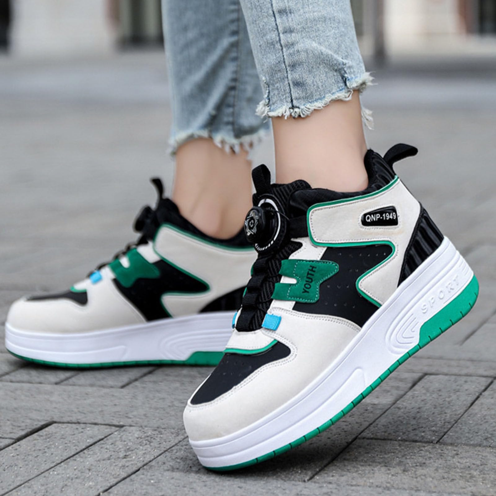 Surwin Scarpe con Rotelle Bambino, Scarpe Mid-Cut con Ruote Posteriori Retrattili, Sneaker con Rotelle Fibbia Girevole Bambini Ragazzo Ragazza Sneaker Skateboard, 30 EU-40 EU
