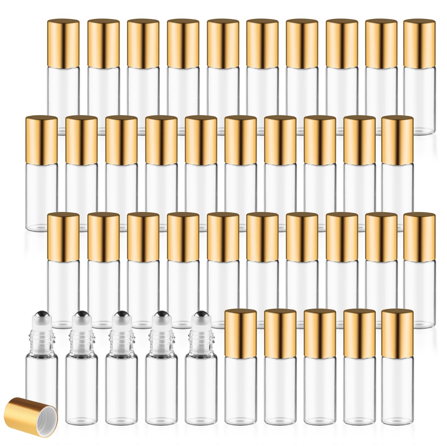 40 Pcs Essential Oils Roller Bottles Small Refillable Glass Perfume Bottles Sample Vials with Roller Balls & Gold Lids for Travel Cosmetic - 5ml