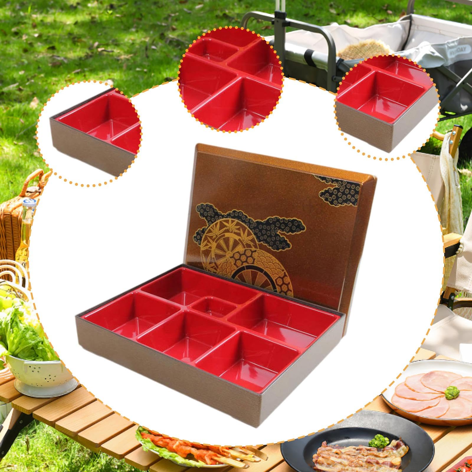 Boîte Bento Japonaise Plateau Déjeuner Multi Compartiments Couvercle Plateau Rangement Alimentaire Adapté à Travail Pique-nique, 6 Grille