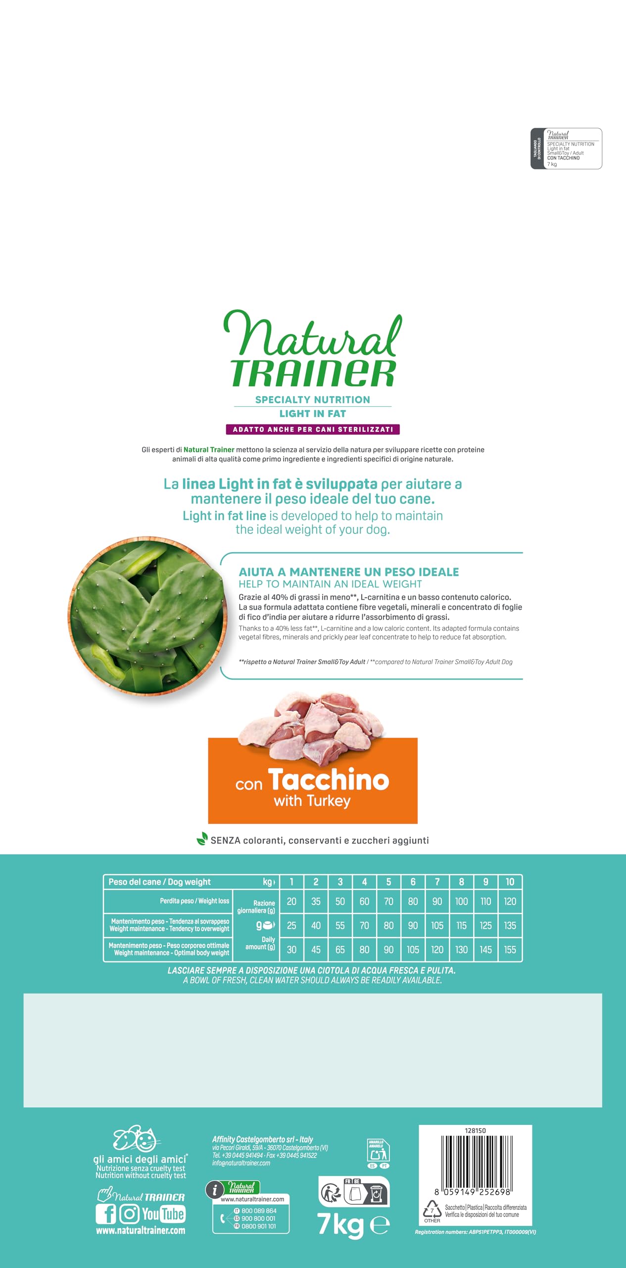 Natural Trainer Ideal Weight Small & Toy Comida para Perros Adultos, Ligera, de Grasa con Pavo – 7 kg
