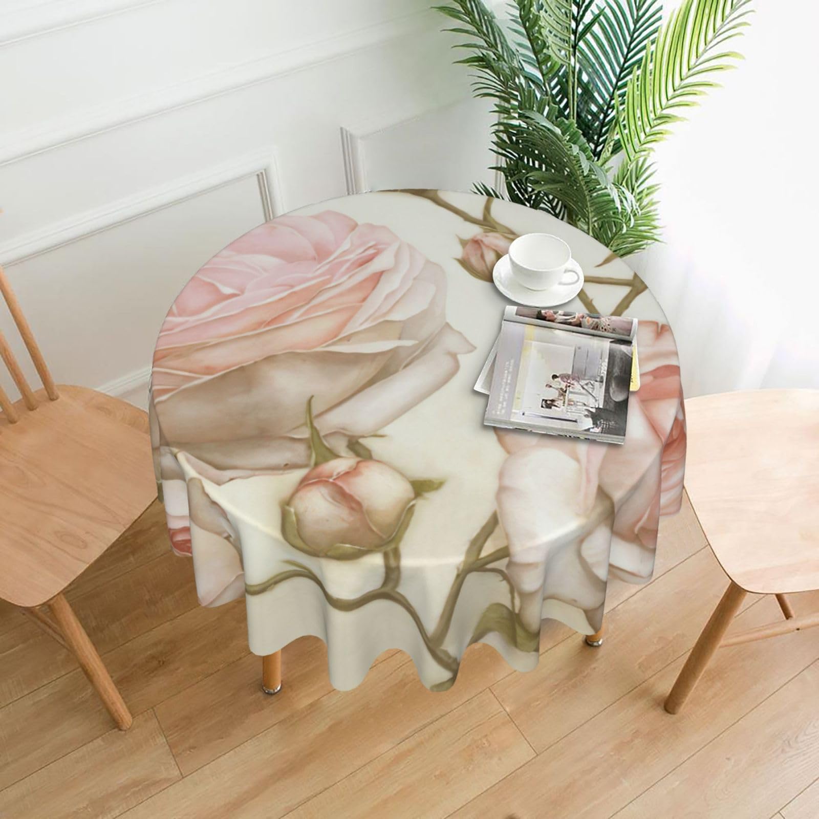 SDEGTHO Beauty Pink Roses Print Modern Retro Round Tablecloth 60in Polyester Fabric Cover for Party Dining Table Washable