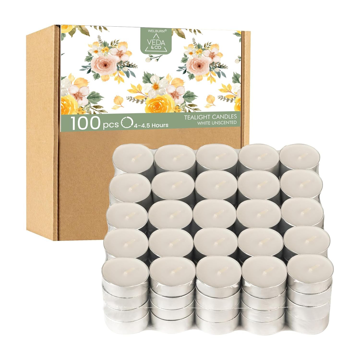 Welburn Veda&Co® Wax Unscented Tealight Candles Pack of 100 for Diwali Decoration | Burning Time Upto 4 Hours | Smokeless | Candles for Home Decor, Offices & Special Occasions