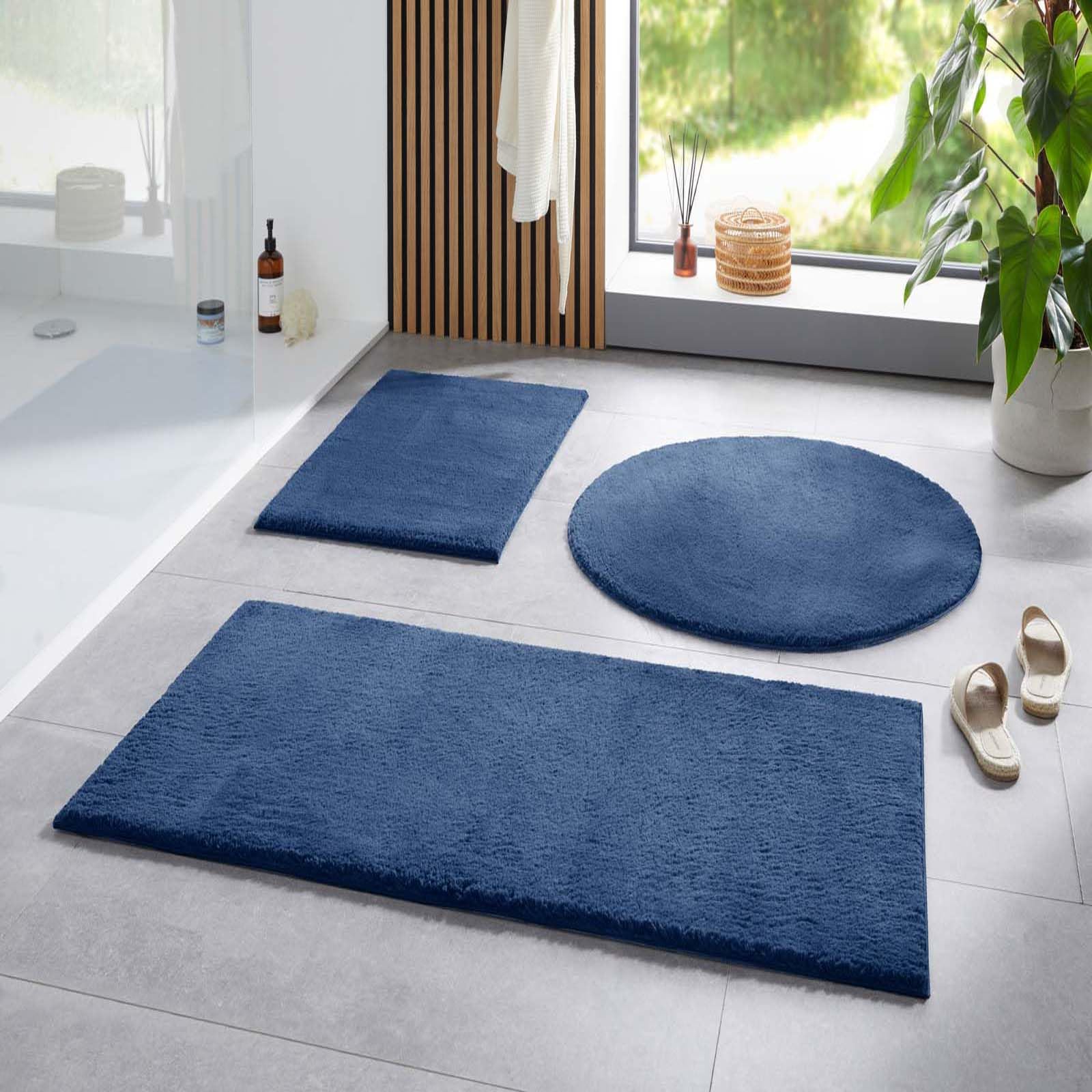 Taracarpet Badematte Fiona rutschfest waschbar Badezimmerteppich sehr weich und als Set kombinierbar Uni New Blau 080 cm rund