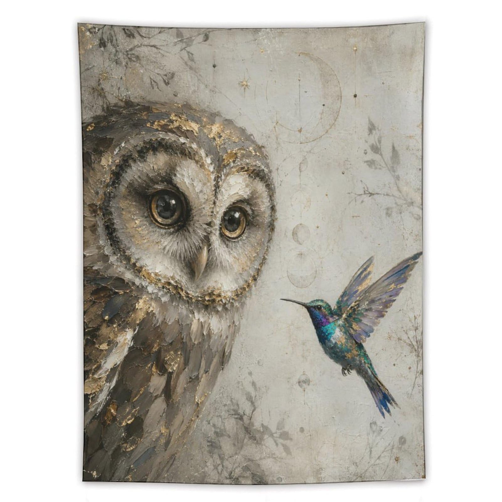W7C8U2X3 Owl and Hummingbird Wall Tapestry, Floral Wing Detail