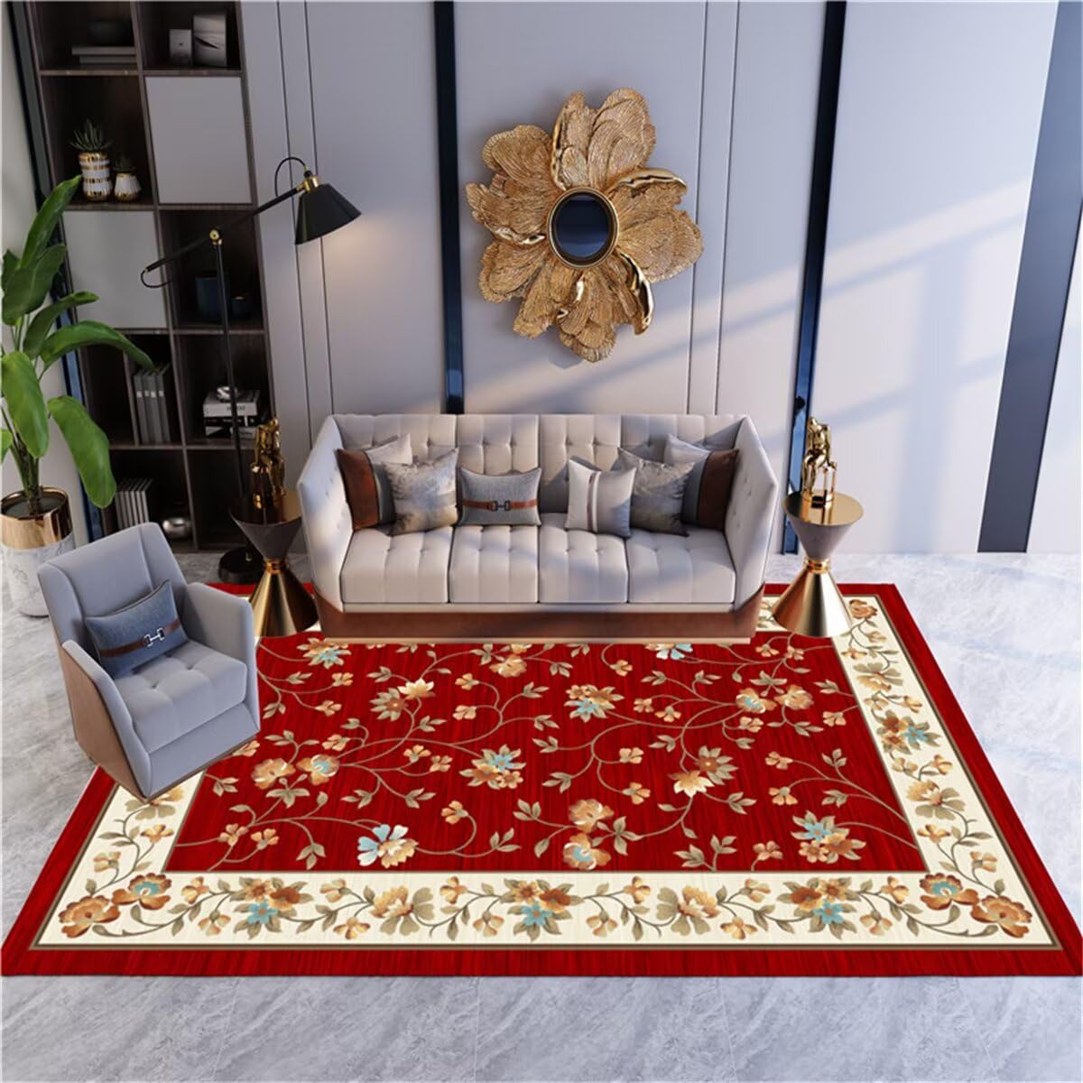 Tapis de sol bureau rouge extra fin fleurs pastorales couloir