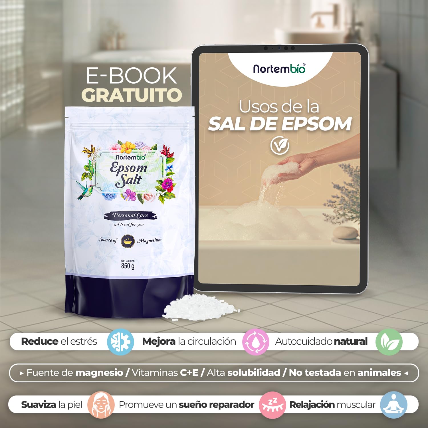 Nortembio Sal de Epsom (Sulfato de Magnesio) 180g – Sales de baño para Relajación Muscular y Recuperación – Sales de Epsom para pies – Piel Sensible y Exfoliación – 100% Natural + eBook Gratis