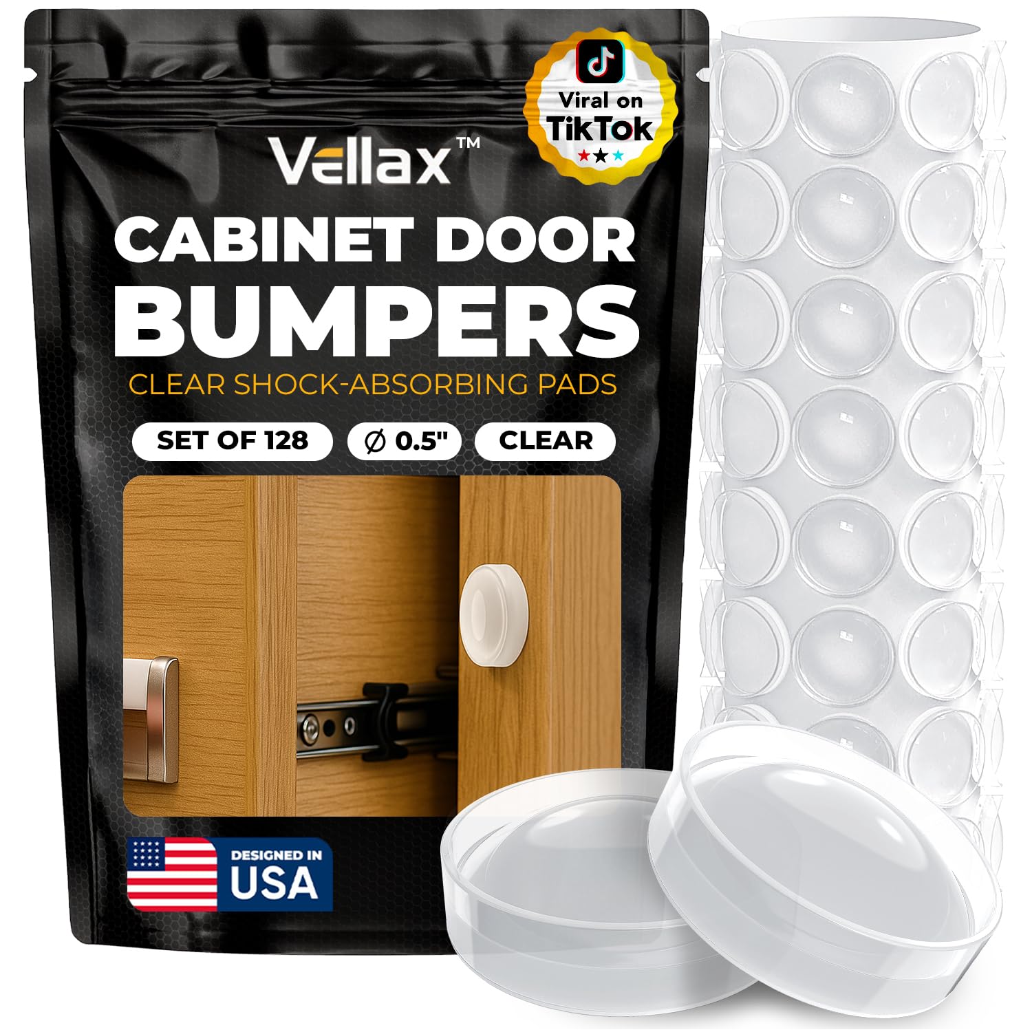 128 Clear Silicone Bumper Pads – Self-Adhesive Sound Dampening Stops with Flat Dome Shape Design for Cabinet Doors, Drawers, Cupboards, Glass Surfaces, Picture Frames – Vellax