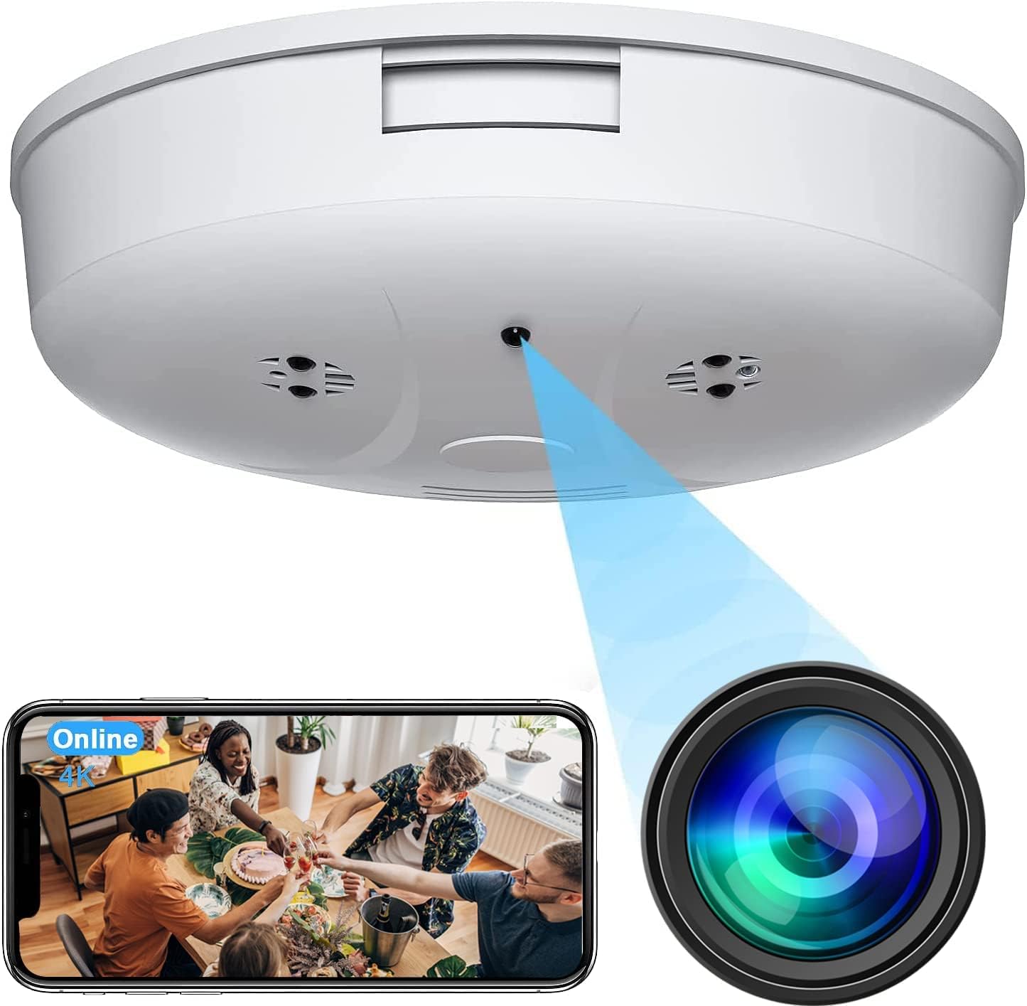 Kestanlora Hidden Camera Smoke Detector with camera lens highlighted and a phone showing live view